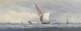 T C, watercolour, maritime study with sailing vessels, boats, ships and a paddle steamer, monogrammed 19cm x 49cm 