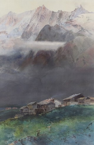 Benjamin Donne British (1831-1928), watercolour signed and indistinctly dated, labelled on verso "Alpine Village Scene" 51cm x 34cm 