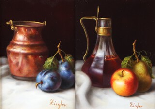 Ziegler,  a pair of oils on board signed, still life studies,  plums and a copper vessel and fruits beside a wine carafe 18cm x 13cm 