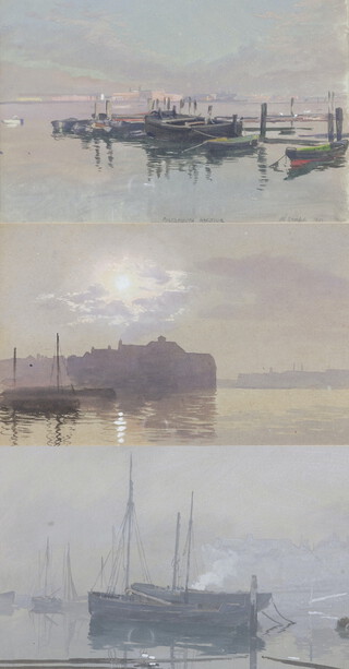 Martin Snape, (British, 1852-1930), 3 watercolour studies - "Portsmouth Harbour" signed and dated 1903, "Harbour at Low Tide" and "Moored Boats at Sunset"  16cm x 24cm, "