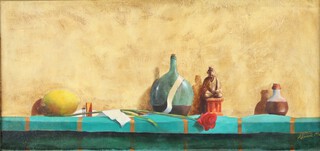 Pilipovic 1996, oil on board signed, still life study of shelf with lemon, wine vessels and a seated figure of Buddha  26cm x 56cm  