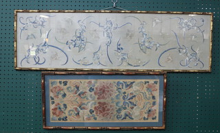 A Chinese rectangular silk embroidered panel decorated butterflies 25cm x 88cm contained in a faux bamboo frame and 1 other 19cm x 49cm