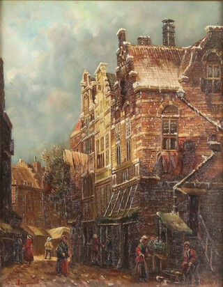 Brights of Nettlebed, Dutch 20th Century oil on board, Dutch street scene 23cm x 19cm, contained in a gilt frame 