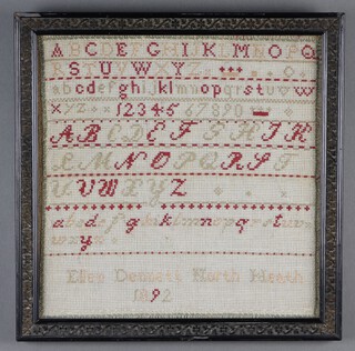 Ellen Bennett North Heath, a Victorian wool work sampler with alphabet and letters dated 1892 31cm x 31cm, contained in an ebonised frame 