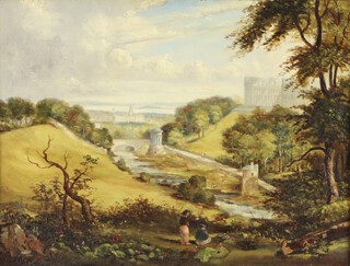 A 19th Century oil on board, parkland scene with river, buildings and sea in distance 25cm x 34cm, dated '67 to bottom left hand corner, indistinctly signed label en verso