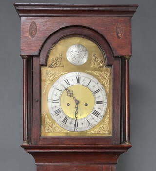 Wm Nicholson of Whitehaven, an 18th Century 8 day striking longcase clock, the 34cm arched gilt dial marked Tempus Fugit, Roman numerals and gilt spandrels, contained in an oak case complete with pendulum and key 210cm h  