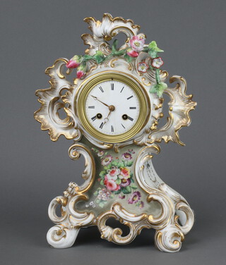 J J  BB Bfguin Paris, a 19th Century French 8 day mantel clock with porcelain dial, Roman numerals, contained in a porcelain case 34cm h x 21cm w x 12cm d (complete with key but no pendulum) 