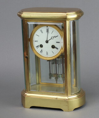 Japy Freres, a 4 glass clock with enamelled dial, Roman numerals and twin mercurial pendulum, contained in an oval gilt metal case 29cm h x 22cm w x 13cm d 