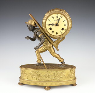 Hermel and Sons, a German 20th Century Georgian style striking mantel clock in the form of a standing man with pannier, striking on 2 bells and contained in a gilt metal case 35cm h x 27cm w x 11cm d (complete with key) 