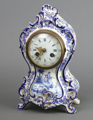 Maple and Co., a French 19/20th Century striking mantel clock with 9cm porcelain dial marked Maple and Co. with Roman numerals, contained in a blue and white porcelain case 27cm h x 15cm w x 10cm d, complete with pendulum and key 