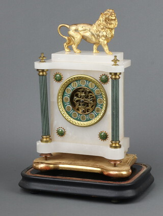 A 19th Century French mantel timepiece with visible escapement, paper dial, Arabic numerals, contained in a white marble case surmounted by a gilt figure of a lion 34cm h x 20cm w x 12cm d, complete with pendulum and key and glass dome 