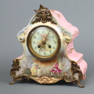 L Marti, a French 19th Century striking mantel clock with porcelain dial, Arabic numerals, contained in a pink porcelain case, complete with key, 27cm h x 26cm w x 12cm d 