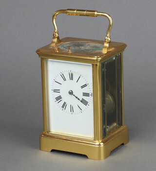 An early 20th Century French repeating carriage clock with 7cm dial, the top inscribed presented to Brother J S by The Members of the Court of 4832 A.O.F (Ancient Order of Foresters) as a token of their regard for his faithful service for 32 years as Secretary to the Court, August 1900, complete with key 13cm h x 9cm w x 8cm d 