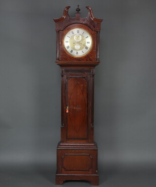 An 18th/19th Century 8 day striking longcase clock with 35cm circular dial marked Charles Gobe London, with subsidiary second hand, silvered chapter ring, contained in an associated inlaid oak case, complete with pendulum and weights 211cm h 