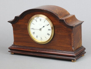 A 1930's bedroom timepiece the enamelled dial with Roman numerals marked J B Yabsley London, contained in a mahogany case on bun feet 15cm h x 26cm w x 8cm d 