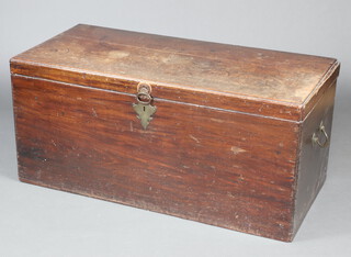 An 18/19th Century mahogany coffer with hinged lid, brass lock and brass drop handles to the sides 57cm h x 122cm w x 58cm d 