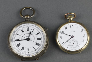 A metal cased pocket watch  the dial inscribed Best Centre Seconds Chronograph Tell contained in a 55mm case, a gilt cased mechanical pocket watch  inscribed Hamilton contained in a 45mm case 