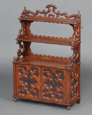 A Victorian pierced rosewood cabinet, the upper section fitted 2 shelves, base enclosed by a panelled door, raised on bun feet 87cm h x 57cm w x 24cm d  