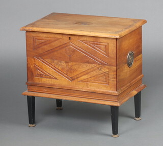 A Continental rectangular hardwood sewing box with hinged lid and fall front revealing 2 long drawers, raised on later ebonised supports 48cm h x 49cm w x 34cm d 