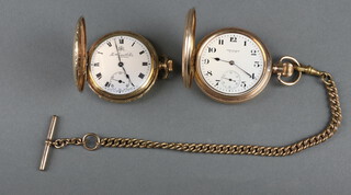 A gold plated hunter pocket watch  with mechanical movement, the dial inscribed Waltham with seconds at 6 o'clock  in a 50mm case, a ditto inscribed Thomas Russell & Sons with seconds at 6 o'clock  (in working order) with a gilt Albert 