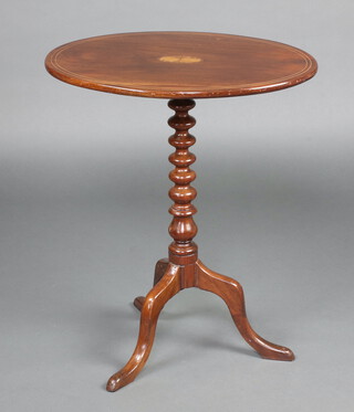 A Victorian oval inlaid mahogany snap top wine table, raised on bobbin turned and tripod base 80cm h x 68cm w