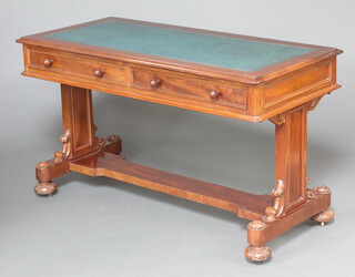 A Victorian style mahogany library table with green inset writing surface fitted 2 long drawers, raised on standard end supports with H framed stretcher 78cm h x 136cm w x 63cm d 