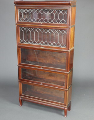 A mahogany 5 tier Globe Wernicke bookcase the upper 2 sections enclosed by lead glazed panelled doors, the 3 base sections with plain glazed doors, raised on cabriole supports 174cm h x 86cm w x 26cm d 