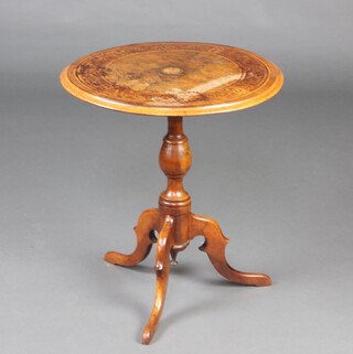 A Victorian circular inlaid walnut occasional table, raised on a turned column and tripod base 61cm h x 54cm d 