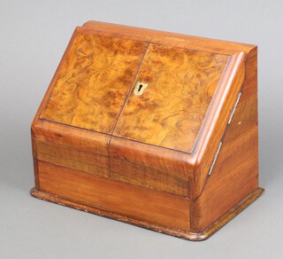 A Victorian walnut and figured walnut stationery box with stepped interior, the base fitted a drawer 24cm h x 31cm w x 19cm d 