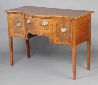 A Georgian mahogany and inlaid satinwood stringing sideboard of serpentine outline, fitted 1 long drawer flanked by a drawer and cellarette drawer, raised on square tapered supports 91cm h x 127cm w x 63cm d 