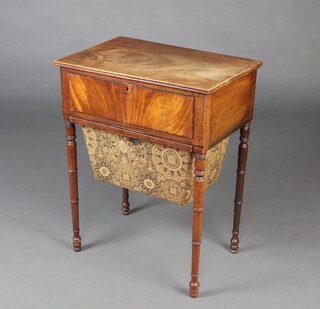 A William IV rectangular bleached mahogany work table fitted a drawer above a deep basket, raised on turned supports 66cm h x 51cm w x 34cm d 