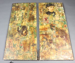 A Victorian 2 fold screen decorated scraps 112cm h x 49cm 