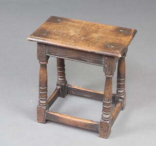 A 19th Century rectangular oak joined stool, raised on turned and block supports 46cm h x 44cm w x 27cm d  