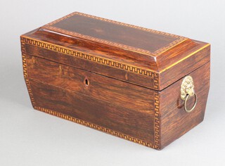 A 19th Century inlaid rosewood rectangular tea caddy with brass ring drop handles, the interior fitted 2 caddies and with replacement mixing bowl 14cm h x 30cm w x 15cm d 