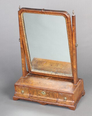 A Georgian D shaped dressing table mirror contained in a crossbanded figured walnut swing frame, the base fitted 3 drawers, on bracket feet 60cm h x 43cm w x 21cm d 