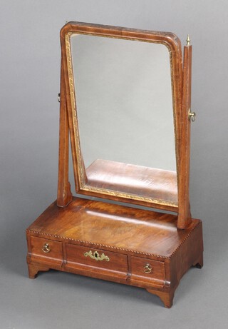 A Georgian arch shaped plate dressing table mirror contained in an inlaid mahogany frame, the base fitted 3 drawers with replacement handles, raised on bracket feet 56cm h x 37cm w x 19cm d 