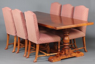 A 17th Century style cherry wood dining suite comprising refectory dining table raised on cup and cover supports with H framed stretcher 74cm x 228cm l x 90cm w and 6 dining chairs 101cm h x 50cm w x 52cm d (seats 25cm x 27cm) 