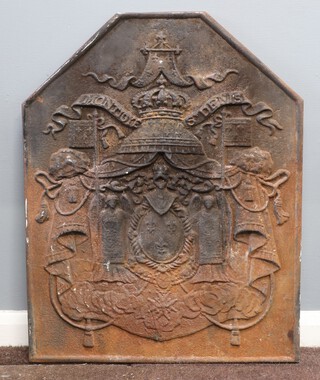 A reproduction 17th Century fire back with Continental coat of arms 80cm h x 62cm 