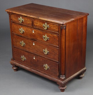 An 18th Century crossbanded mahogany chest of 2 short and 3 long drawers with ivory escutcheons and columns to the sides, raised on later bun feet 80cm h x 86cm w x 45cm d Ivory Exemption Certificate M1HB5ZC2