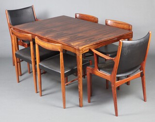 H W Klein for Bramin, a mid Century, 1960's, Danish rosewood extending dining table 72cm x 173 l x 91cm w, together with 4 Bramin rosewood dining chairs and 2 Uldum Mobelfabrik rosewood armchairs, all chairs upholstered in black rexine.  Supplied with a Cites Article 10 certificate, No. 24GBA10CDHSY8