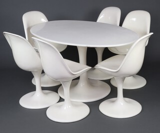 An Eero Saarinen for Arkana style moulded plastic Tulip dining table and 6 chairs in white, table 75cm h x 146cm w x 93cm d, each chair 89cm h x 47cm wide x 47cm d