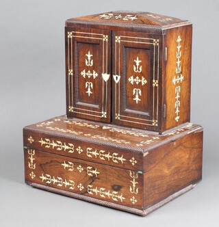 A William IV inlaid rosewood jewellery cabinet, the upper section fitted 4 drawers enclosed by a pair of panelled doors, the base fitted a tray and with piano keyboard decoration 36cm h x 32cm w x 34cm d Ivory Exemption Certificate 3CQJ8RS2