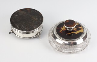 A silver and tortoiseshell circular trinket box Birmingham 1922, 8cm, together with a ditto mounted toilet jar Birmingham 1924 