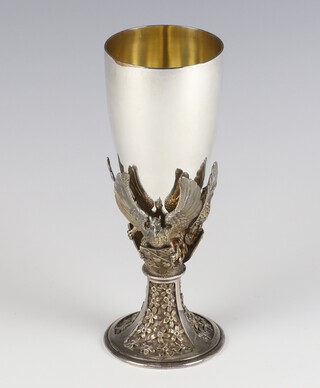 A silver limited edition commemorative goblet with cast moulded decoration no.379/1000 made by Order of The Dean and Chapter of St Pauls to commemorate the wedding of HRH The Prince of Wales and The Lady Diana Spencer on 29 July 1981, by Hector Miller for Aurum, London 1981, 17cm, 379 grams together with original pamphlet numbered and with leaflet 