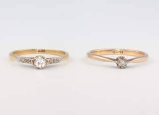 Two yellow metal 18ct single stone diamond rings, size O and P, each approx. 0.03ct, 4.8 grams 