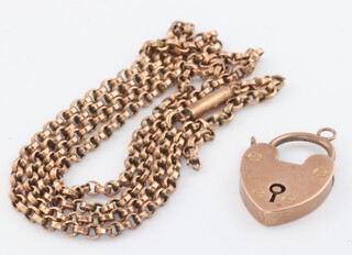 A 9ct yellow gold padlock clasp and a broken ditto chain, 46cm, 7.2 grams 