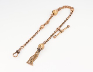 A lady's Edwardian yellow metal 9ct Albert 9.3 grams.
It is 20cm long excluding the ball and tassel.