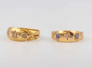 Two 18ct yellow gold rings, 1 set 3 diamonds, the other 2 sapphires and a diamond, 5.7 grams, sizes L and L 1/2 