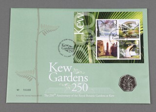 A 250th Anniversary of The Royal Britannic Gardens at Kew coin set including a block of 4 first class stamps, together with a 2009 50 pence piece no.16300, unopened  