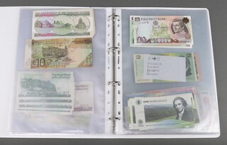 A collection of UK and other bank notes including 11 Scottish one pound notes, 7 five pound notes and 7 ten pound notes together with other world bank notes 